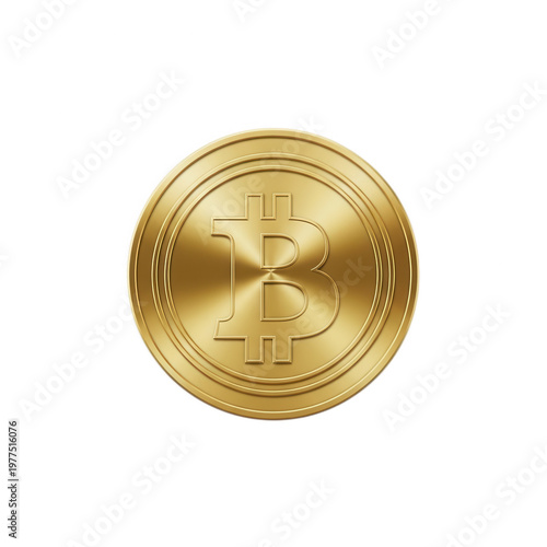 A shiny gold bitcoin coin with a b logo isolated on transparent background