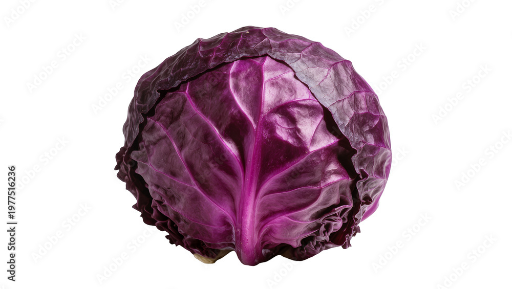 Fototapeta premium Whole red cabbage with vibrant purple leaves, isolated on transparent background