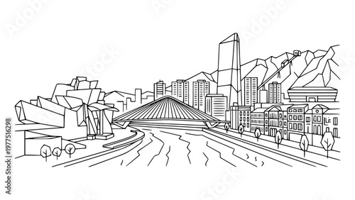 Bilbao Spain Modern Skyline Line Art Basque City Architecture Illustration