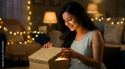 Young Woman Opening Gift Box at Home with Warm Festive Lights