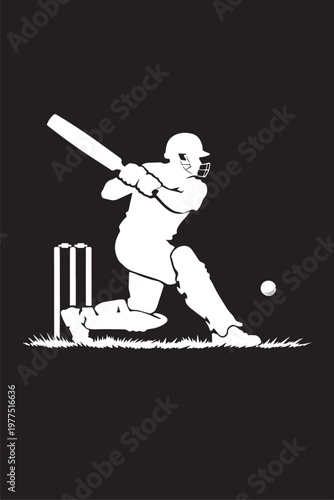 A black and white silhouette of a cricketer playing vector with black background