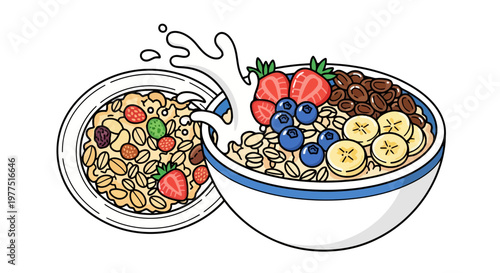 Vector illustration of healthy oatmeal breakfast bowls with fresh strawberries, blueberries, banana slices and milk splash