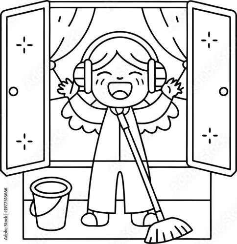 A cartoon angel wearing headphones and dancing with a broom in front of an open window