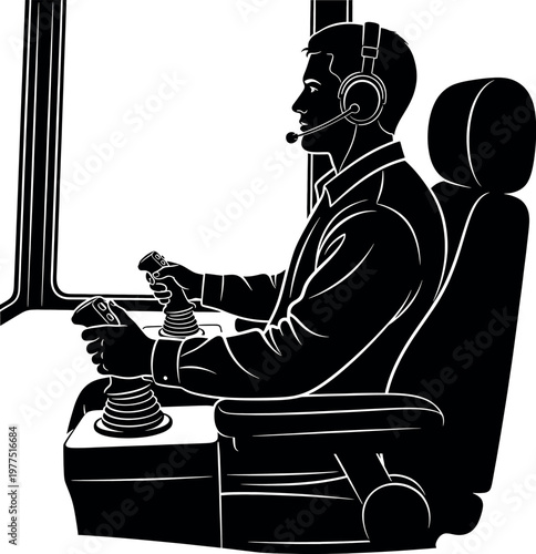 Pilot in cockpit silhouette a black and white illustration depicting a pilot operating aircraft controls in a cockpit setting