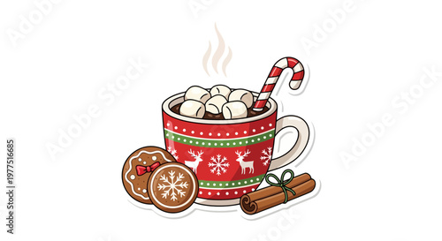 Cozy Christmas Hot Chocolate Mug with Marshmallows Candy Cane Gingerbread Cookies and Cinnamon Sticks Vector Illustration