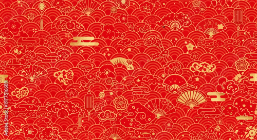 Traditional Chinese New Year Background with Golden Fans, Lanterns and Plum Blossoms on Red Wave Pattern