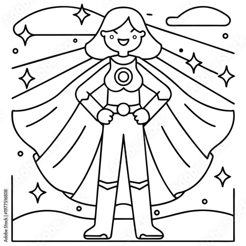 A smiling cartoon superheroine stands confidently with her hands on her hips, wearing a cape and a star emblem on her chest.