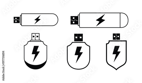 Collection of usb flash drives with lightning bolt symbols on isolated white background for tech and energy concepts