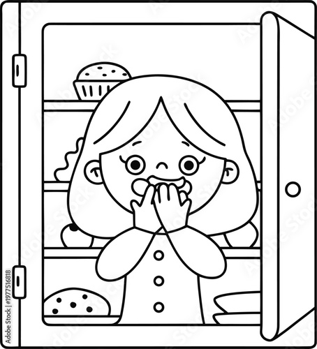 A cartoon girl caught eating from the fridge with a guilty expression