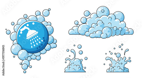 Shower head icon with soap suds foam and water splash vector illustration set isolated on white background