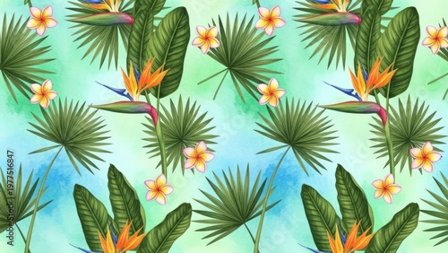 Wallpaper Mural tropical leaves and flowers on colorful background Torontodigital.ca