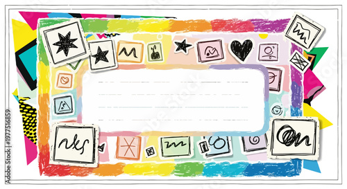 Colorful Memphis Style Scrapbook Frame with Hand-Drawn Doodles, Stars, and Heart Icons on a Vibrant Artistic Background