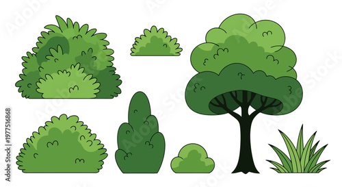 Collection of green vector garden plants including trees, bushes, and grass isolated on white background