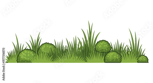 Horizontal Green Grass Border with Bushes and Shrubs Vector Illustration
