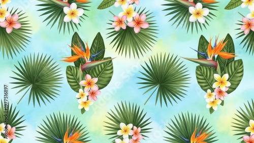 Wallpaper Mural Tropical floral pattern with palm leaves and exotic flowers Torontodigital.ca