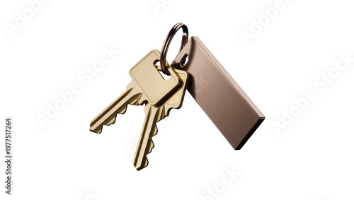 Quadro su tela Two brass keys and a metallic rectangular tag on a ring, isolated on transparent