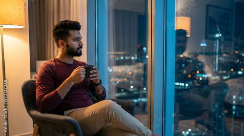 Thoughtful Man Drinking Coffee by Window at Night in Modern Apartment