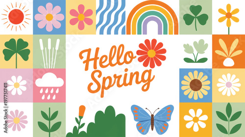 Vibrant spring themed geometric pattern with flowers, sun, rainbow, butterfly, and rain clouds keywords: spring, hello spring