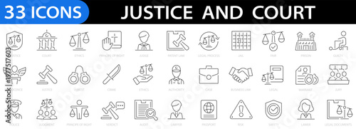 Justice icon set. Court. Judgment. Lawyer. Authority. Prison. Criminal. Editable stroke. Vector illustration