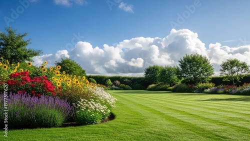 Wallpaper Mural Vibrant garden landscape with colorful flowers and lush green lawn under blue sky Torontodigital.ca