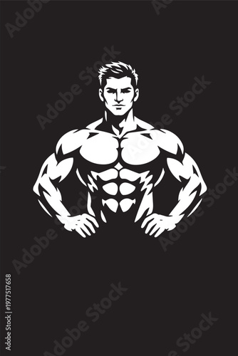 A black and white silhouette of a muscular body of an adult boy with face expressions vector with black background.