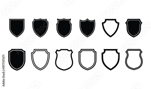 Collection of various shield icons in different styles and colors on white background