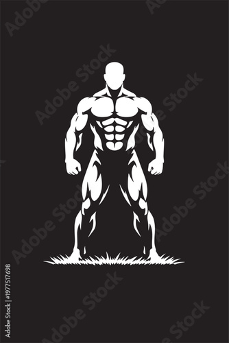 A black and white silhouette of a muscular body of a man vector with black background.