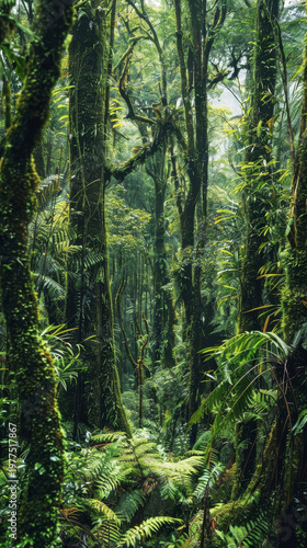 A lush expanse of an ancient forest unfolds beneath a verdant canopy, with gigantic trees ascending into the sky, enrobed in vibrant moss and life..
