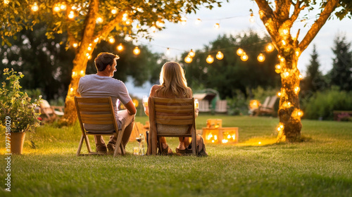 A romantic couple enjoys a quiet evening outdoors, sitting under twinkling lights and sharing drinks