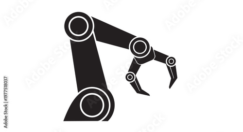 Industrial robotic arm, mechanical claw, black and white icon, vector illustration