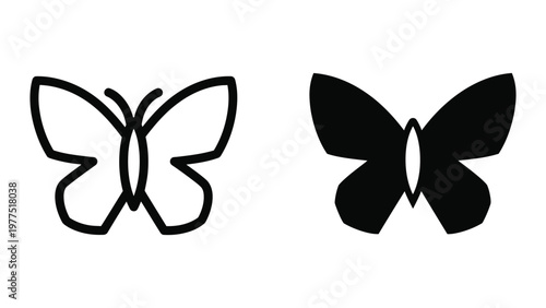 Contrast between a simple line drawing and filled black butterfly illustrations