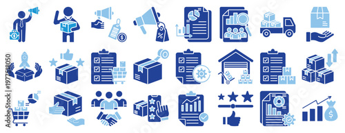 Logistics and Supply Chain Icon Set. Duotone Style Icons Including Marketing, Campaign, Product Delivery, Sales, Promotion, Customer, Feedback, Data Report, Data Analysis, Logistics, Transport