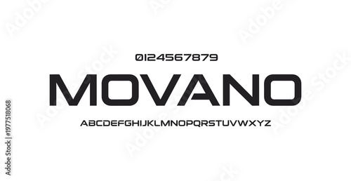 A modern font display with numbers and alphabet letters on a white background