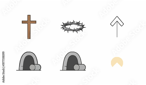 cross Minimal Christian Easter Icon Vector Collection with Cross, Crown of Thorns, and Tomb Symbols