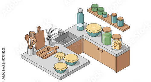 Isometric Eco-Friendly Kitchen Illustration with Sustainable Reusable Products, Beeswax Wraps, and Zero Waste Storage Solutions for a Plastic-Free Lifestyle