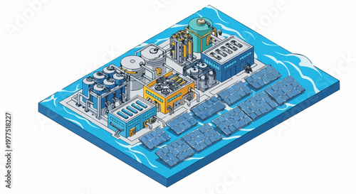 Isometric Illustration of a Sustainable Desalination Plant with Solar Panels and Water Treatment Tanks on an Ocean Platform