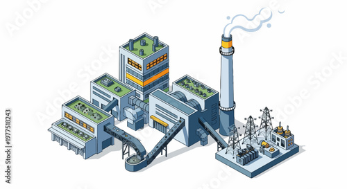 Isometric Industrial Factory Plant Illustration with Conveyor Belts, Chimney, and Power Grid