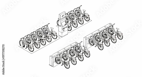 Isometric Line Art Illustration of a Sustainable City Bike Sharing Station with Rental Kiosk and Parked Bicycles