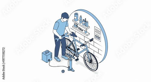 Isometric Vector Illustration of a Mechanic Repairing a Bicycle in a Garage Workshop - Professional Bike Maintenance and DIY Repair Concept