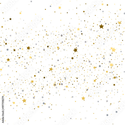 Dense scattering of gold and silver stars on white background. Festive holiday confetti texture