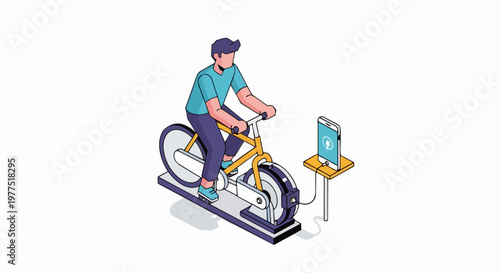 Isometric Illustration of Man Generating Kinetic Energy on a Stationary Bike to Charge a Smartphone