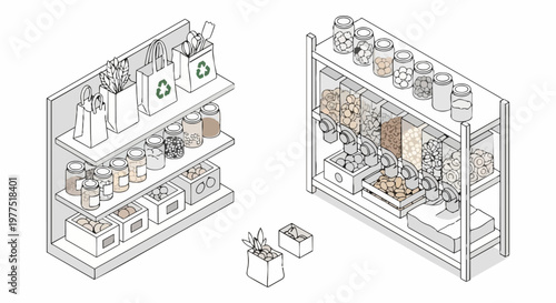 Zero Waste Grocery Store Isometric Illustration - Sustainable Bulk Food Shop with Reusable Bags and Glass Jars
