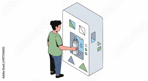 Isometric Illustration of a Person Filling a Reusable Water Bottle at a Modern Water Refill Station, Sustainable Lifestyle and Zero Waste Concept