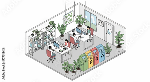 Modern Sustainable Green Office Isometric Illustration with Eco-friendly Recycling Bins, Indoor Plants, and Coworking Team