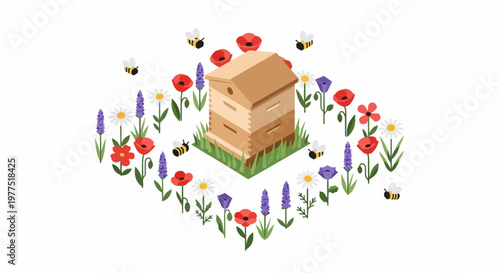 Isometric Beehive Illustration with Bees and Spring Flowers - Sustainable Beekeeping and Honey Production Concept