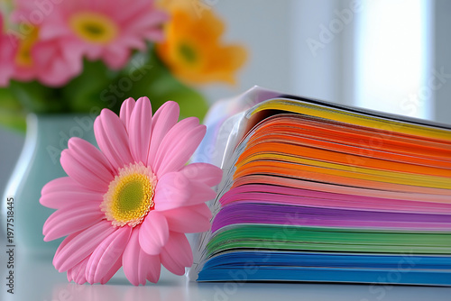 A vibrant pink gerbera daisy rests beside a book showcasing a rainbow of colorful pages, creating a cheerful and bright scene