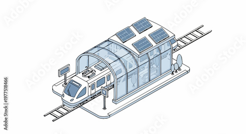Isometric Sustainable Train Station with Solar Panels and High-Speed Electric Rail, Modern Eco-Friendly Public Transit Concept