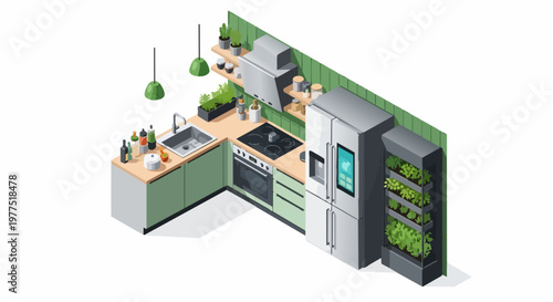 Modern Isometric Smart Kitchen Design with Indoor Vertical Herb Garden and Sustainable Appliances