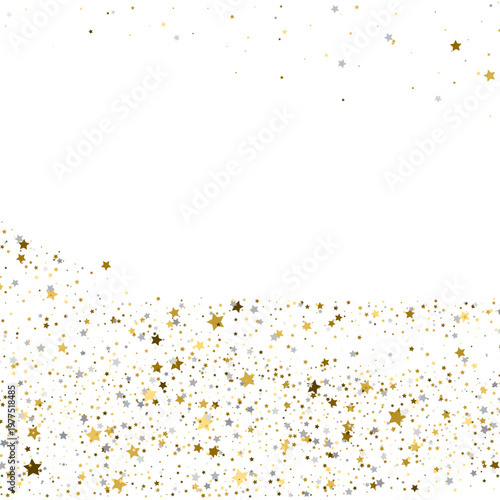 Gold and silver stars scattered on a white background. Festive confetti pattern with copy space. Holiday celebration backdrop
