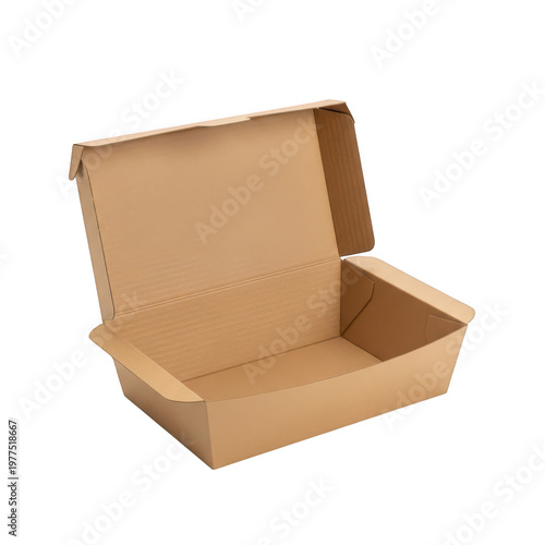 Empty brown cardboard takeout container with lid open on a plain background, Png